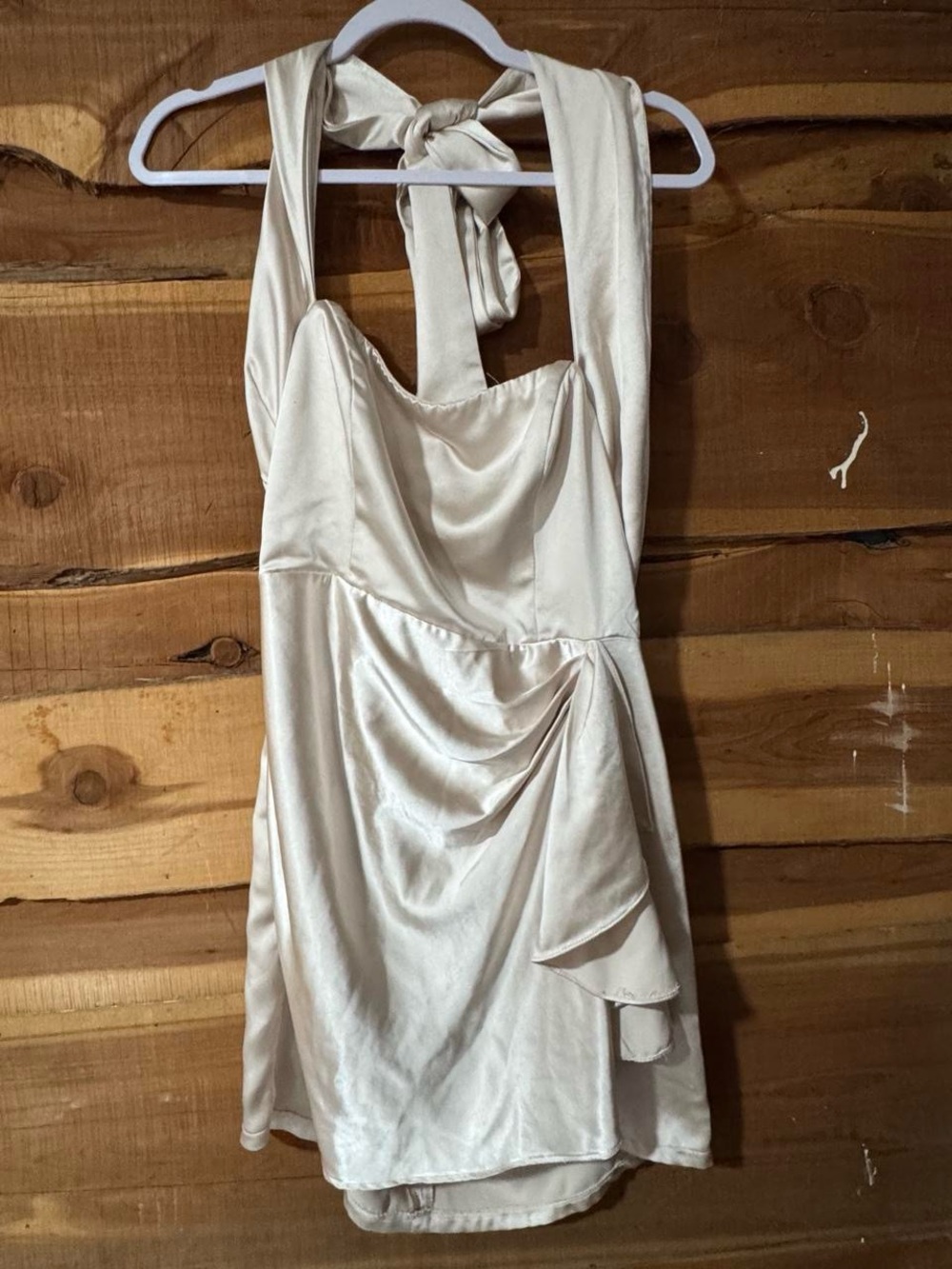 Selfie Leslie Ivory Satin Halter Tie-Back Mini Dress